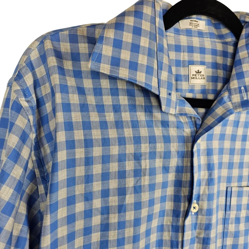 Peter Millar‎ Men's Medium Blue Tan Gingham Cotton Long Sleeve Button Down Shirt